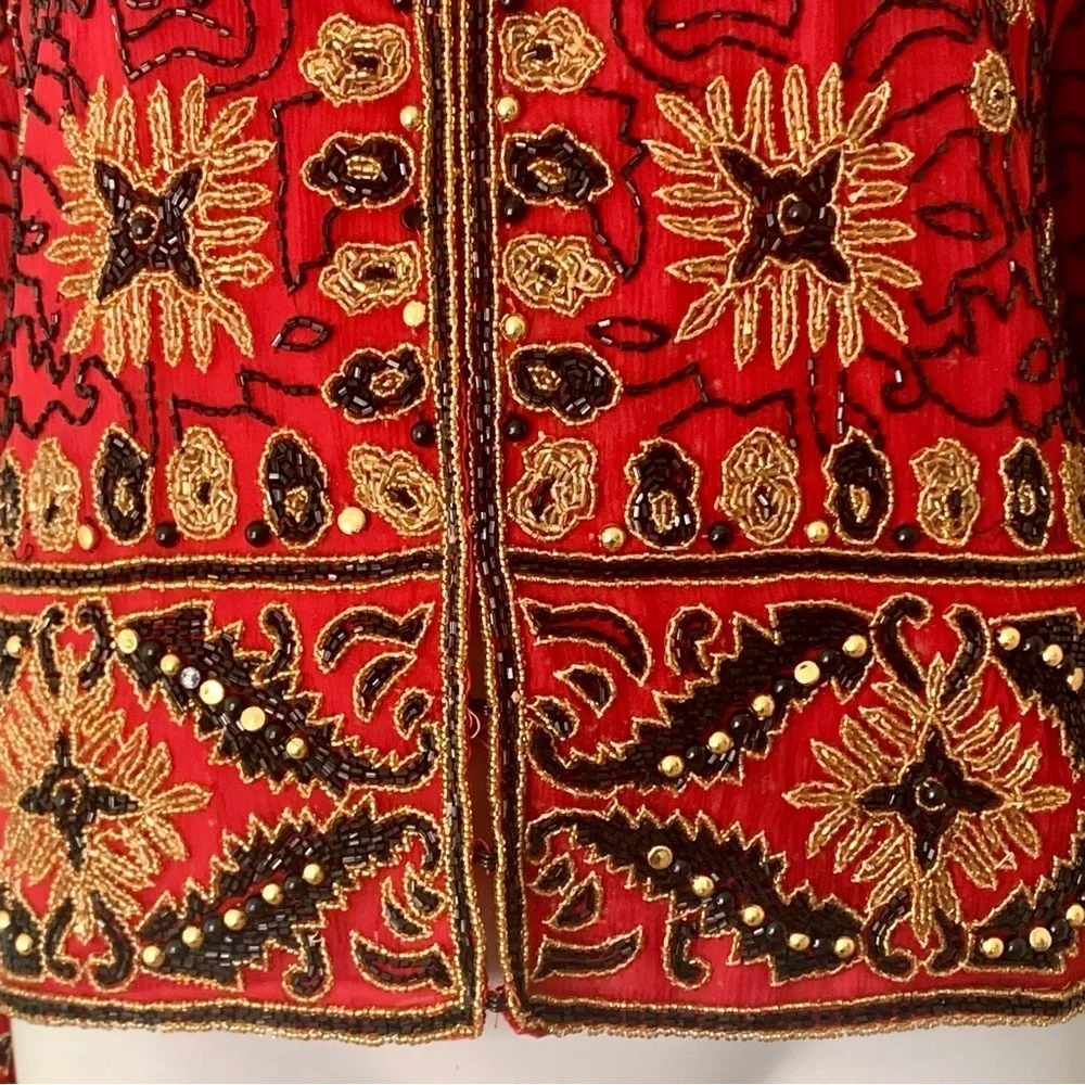 Adrianna Papell Boutique Evening Jacket Vintage 90’s Silk Beaded Red Gold 12 - Picture 5 of 16